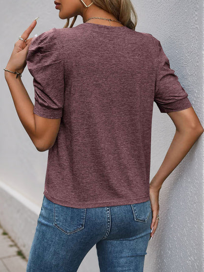 Solid Color Round Neck Ruched Puff Sleeve Blouse