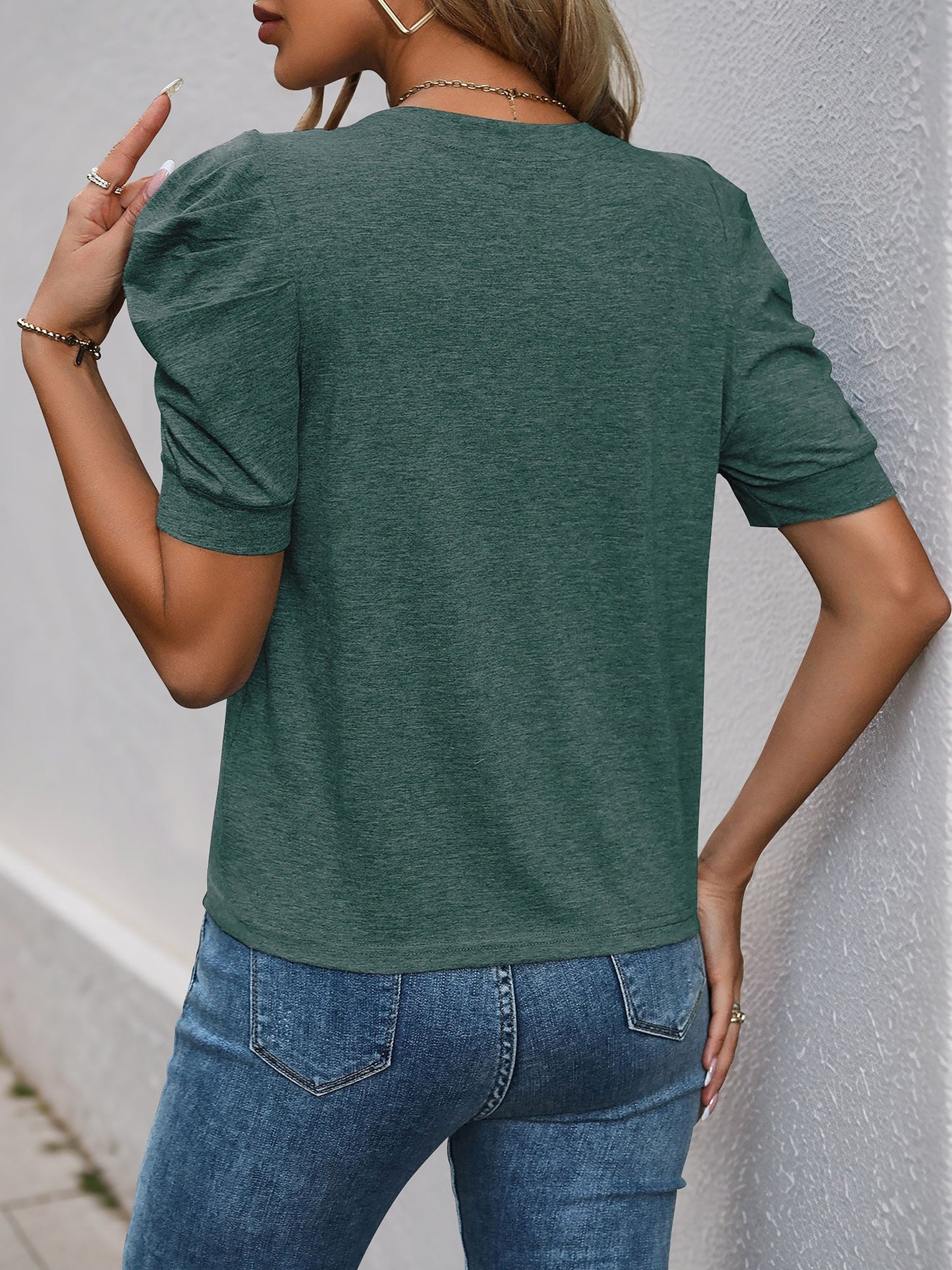 Solid Color Round Neck Ruched Puff Sleeve Blouse