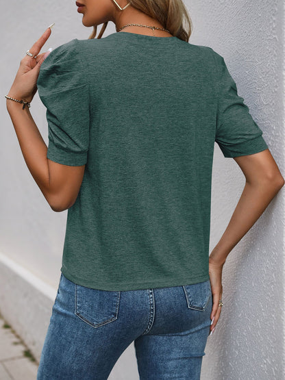 Solid Color Round Neck Ruched Puff Sleeve Blouse