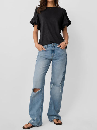 Solid Color Round Neck Ruffled Sleeve Blouse