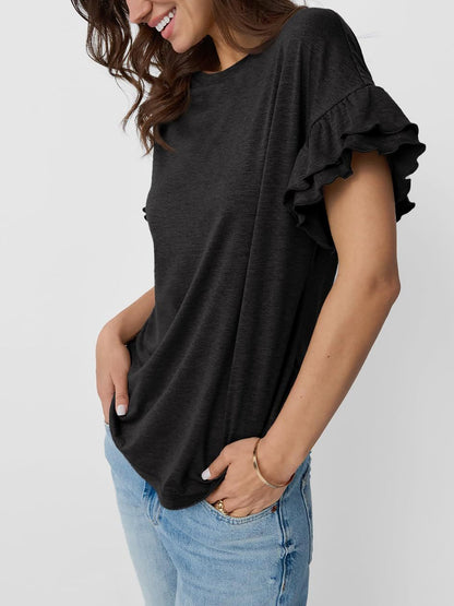 Solid Color Round Neck Ruffled Sleeve Blouse
