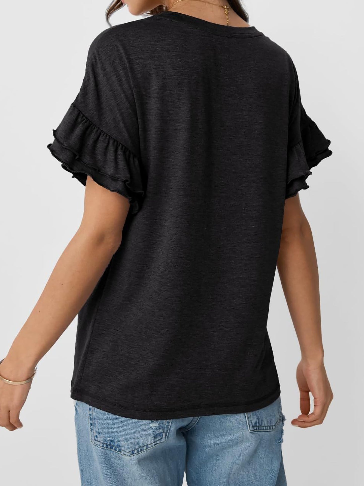 Solid Color Round Neck Ruffled Sleeve Blouse