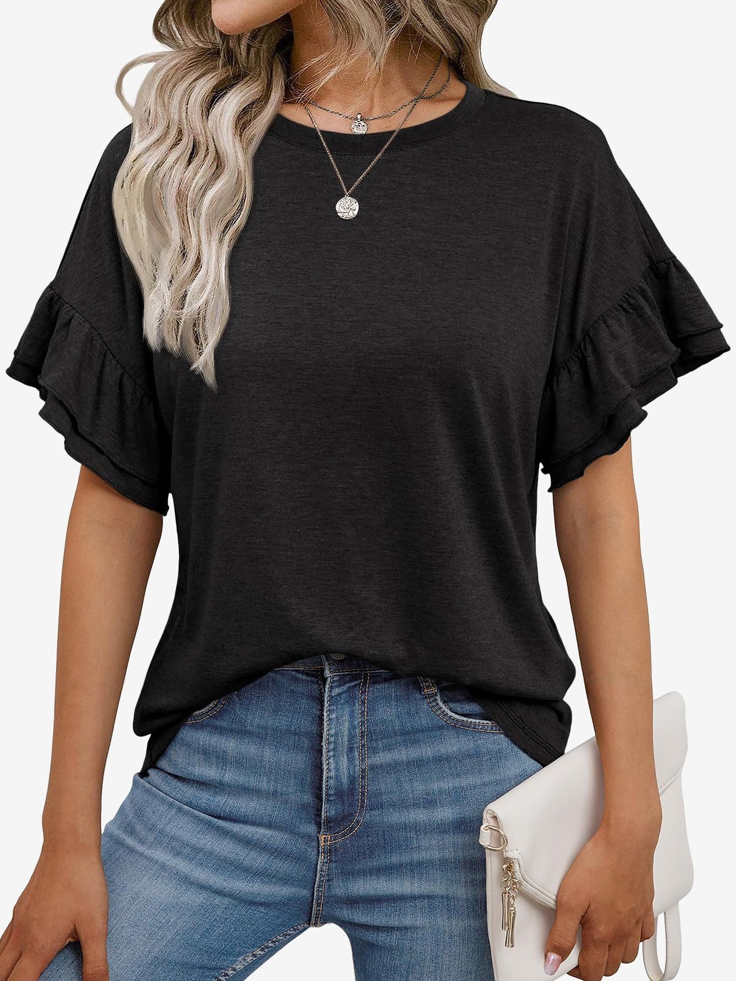 Solid Color Round Neck Ruffled Sleeve Blouse