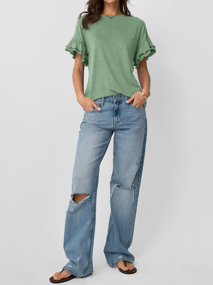 Solid Color Round Neck Ruffled Sleeve Blouse