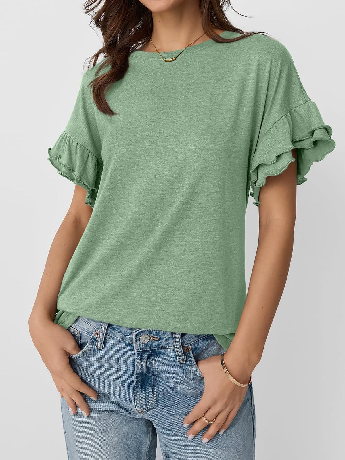 Solid Color Round Neck Ruffled Sleeve Blouse