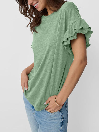 Solid Color Round Neck Ruffled Sleeve Blouse
