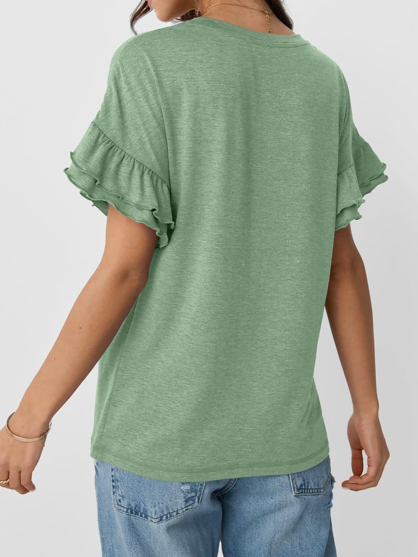 Solid Color Round Neck Ruffled Sleeve Blouse