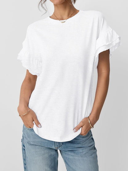 Solid Color Round Neck Ruffled Sleeve Blouse