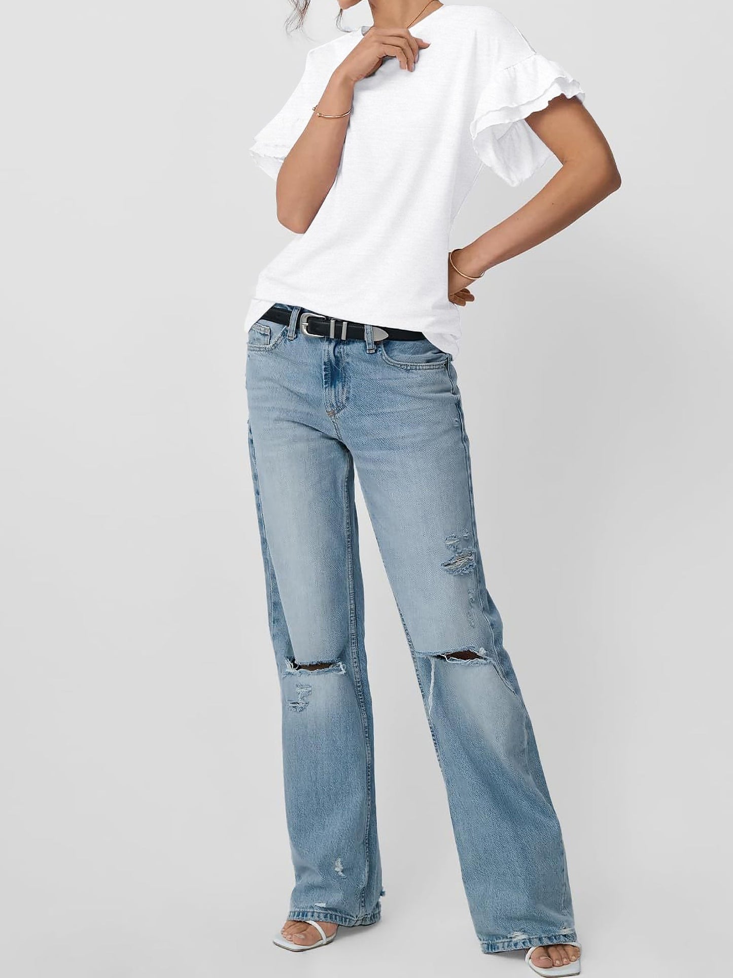 Solid Color Round Neck Ruffled Sleeve Blouse