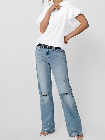 Solid Color Round Neck Ruffled Sleeve Blouse