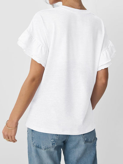 Solid Color Round Neck Ruffled Sleeve Blouse
