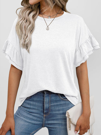Solid Color Round Neck Ruffled Sleeve Blouse