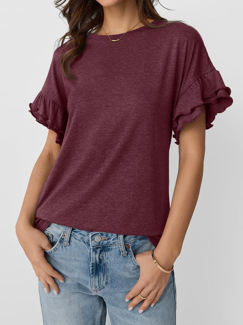 Solid Color Round Neck Ruffled Sleeve Blouse