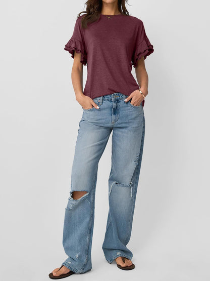 Solid Color Round Neck Ruffled Sleeve Blouse