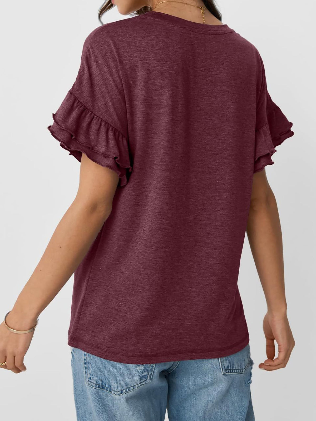 Solid Color Round Neck Ruffled Sleeve Blouse