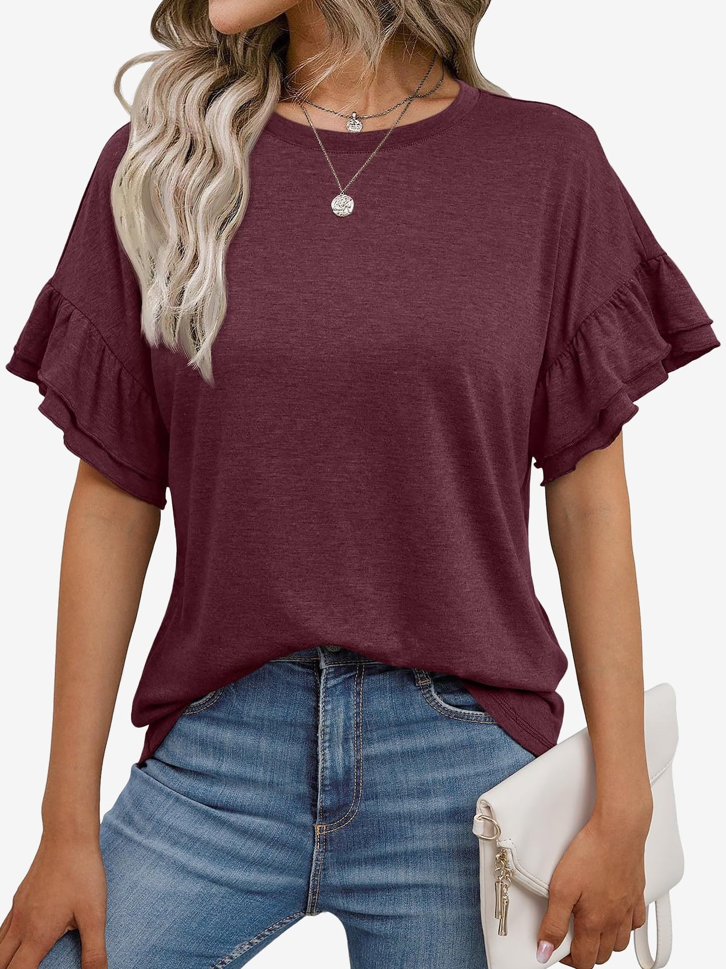 Solid Color Round Neck Ruffled Sleeve Blouse