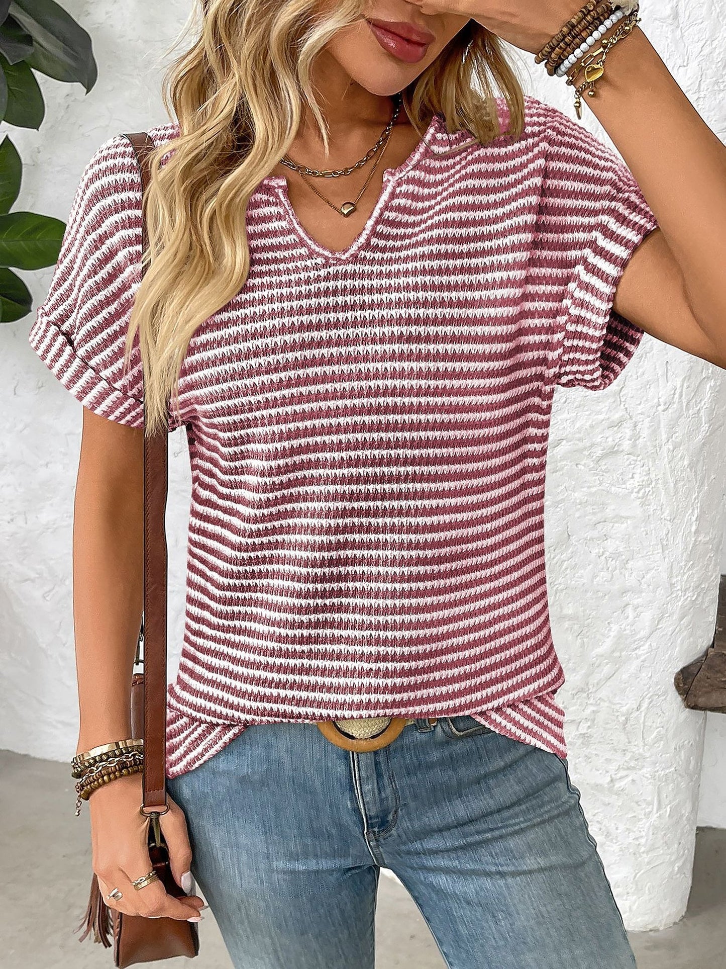Striped Notch Neck Short Sleeves Casual Blouse