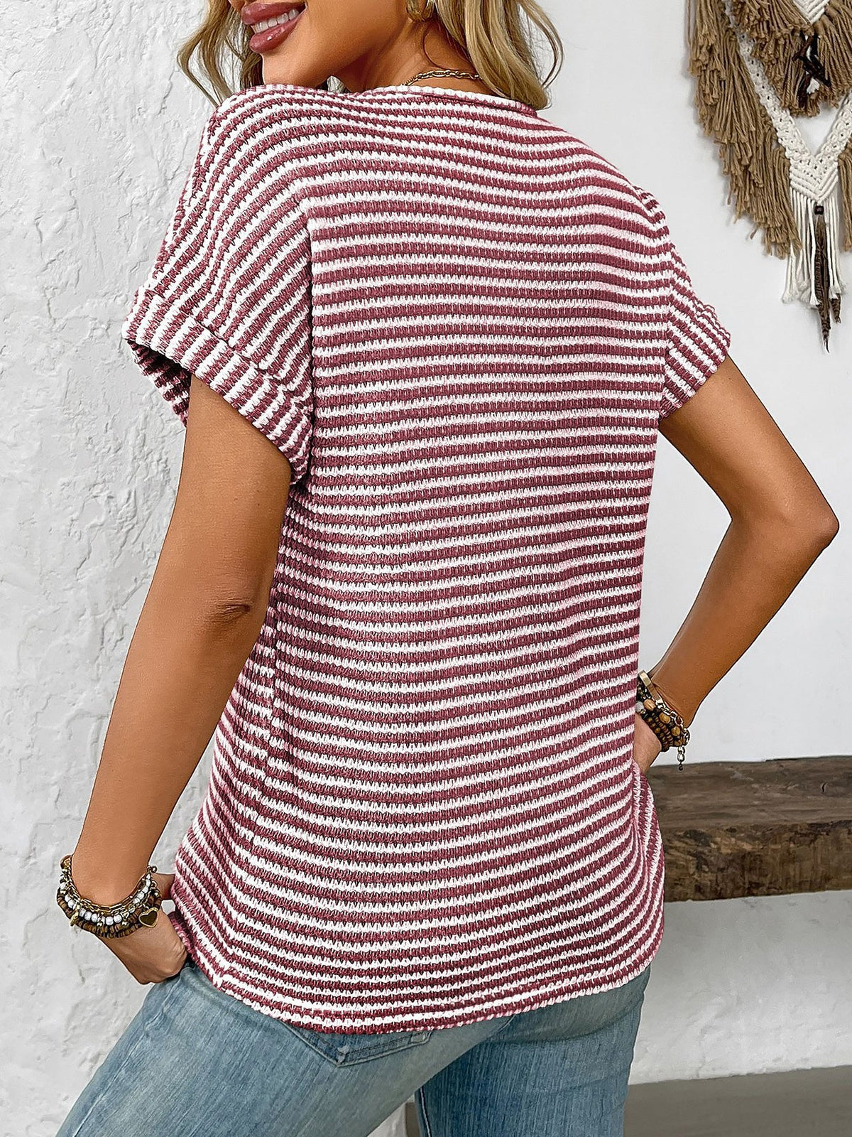 Striped Notch Neck Short Sleeves Casual Blouse