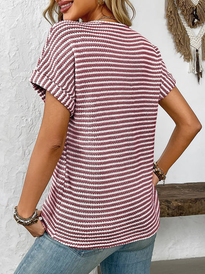 Striped Notch Neck Short Sleeves Casual Blouse