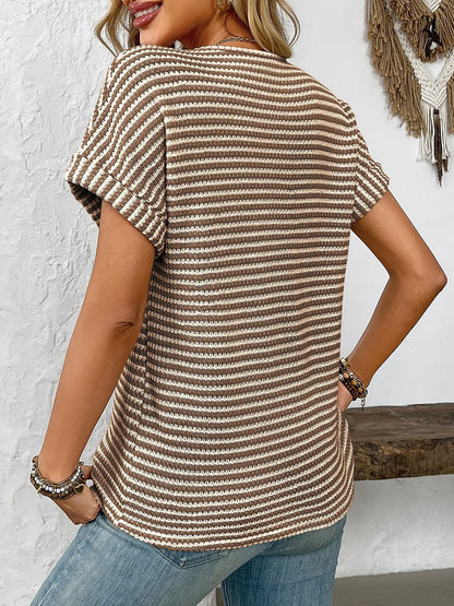 Striped Notch Neck Short Sleeves Casual Blouse