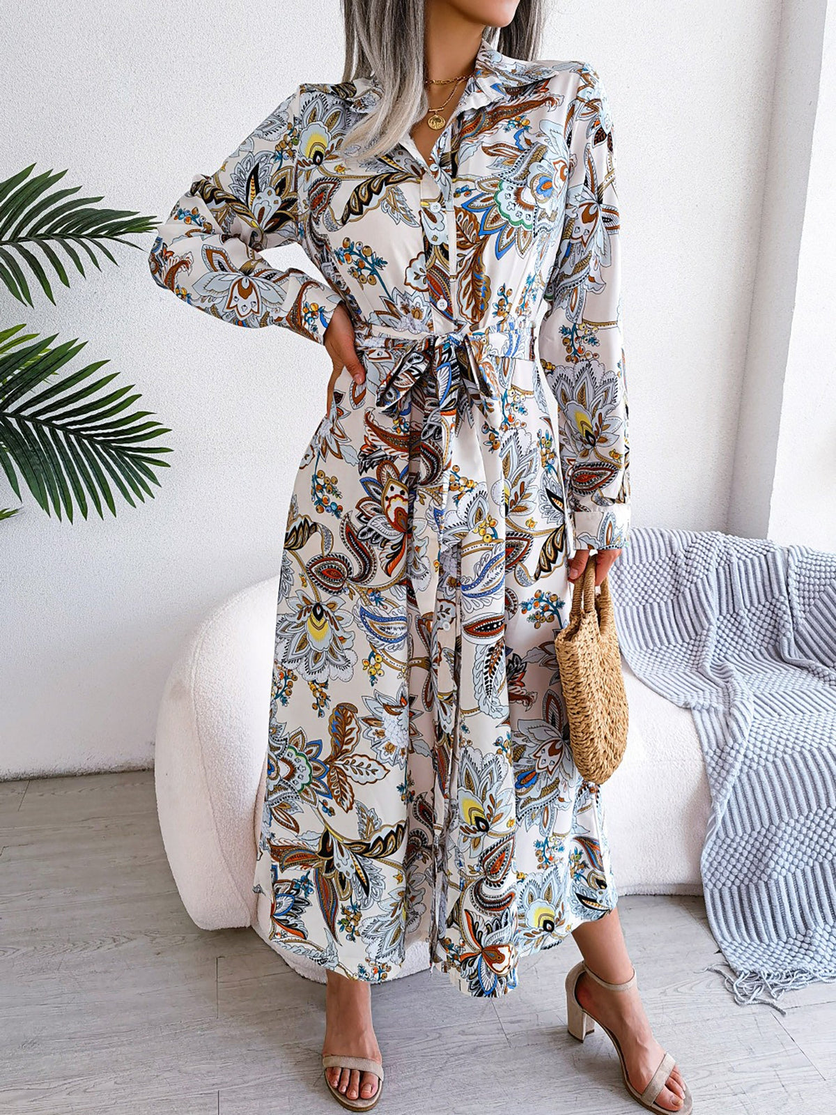 Lapel Boho Paisley Long Sleeves Tie Waist Midi Dress