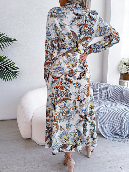 Lapel Boho Paisley Long Sleeves Tie Waist Midi Dress