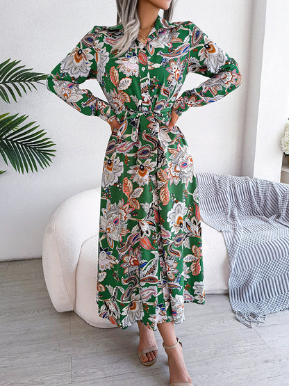 Lapel Boho Paisley Long Sleeves Tie Waist Midi Dress