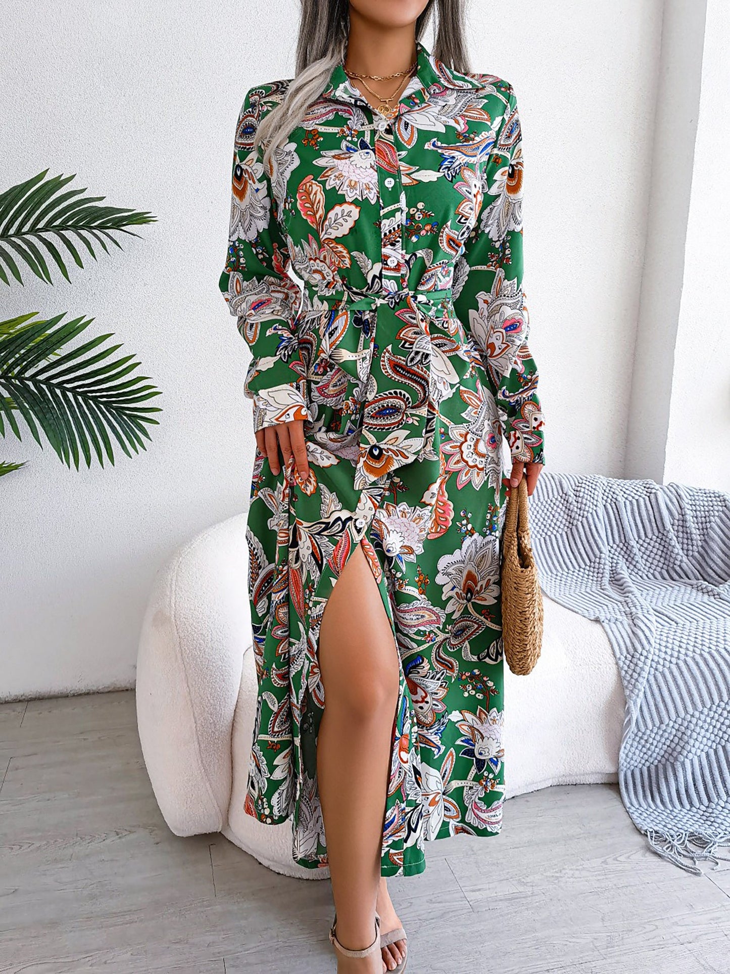 Lapel Boho Paisley Long Sleeves Tie Waist Midi Dress