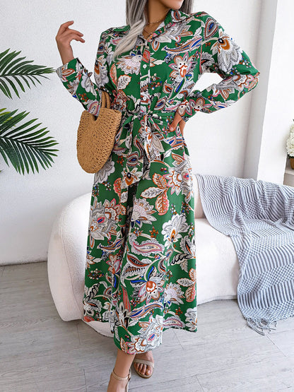 Lapel Boho Paisley Long Sleeves Tie Waist Midi Dress