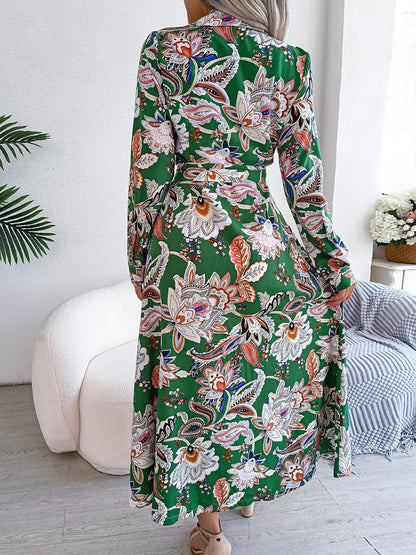 Lapel Boho Paisley Long Sleeves Tie Waist Midi Dress