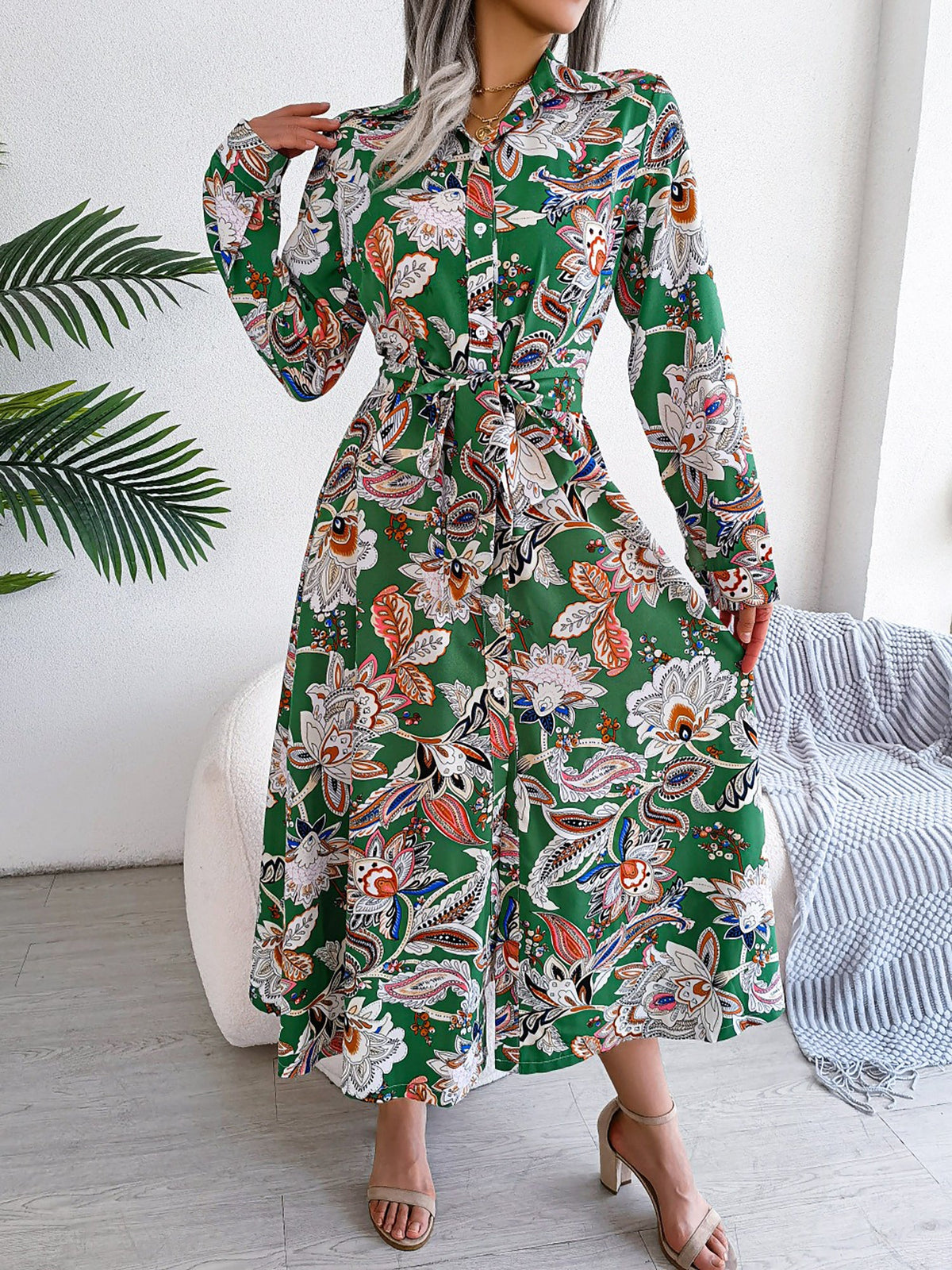Lapel Boho Paisley Long Sleeves Tie Waist Midi Dress