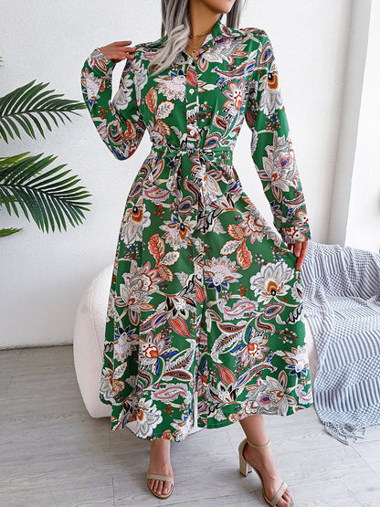 Lapel Boho Paisley Long Sleeves Tie Waist Midi Dress