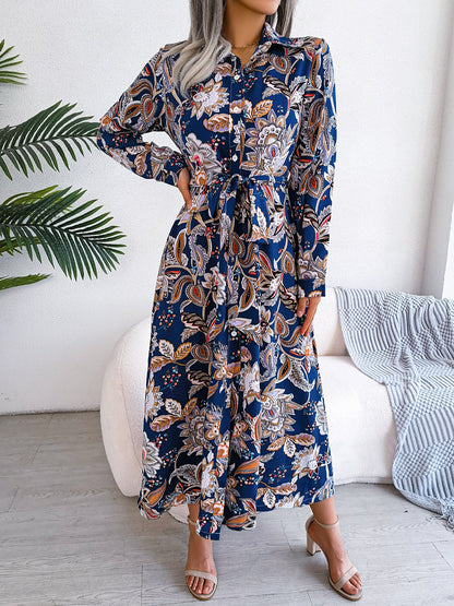Lapel Boho Paisley Long Sleeves Tie Waist Midi Dress