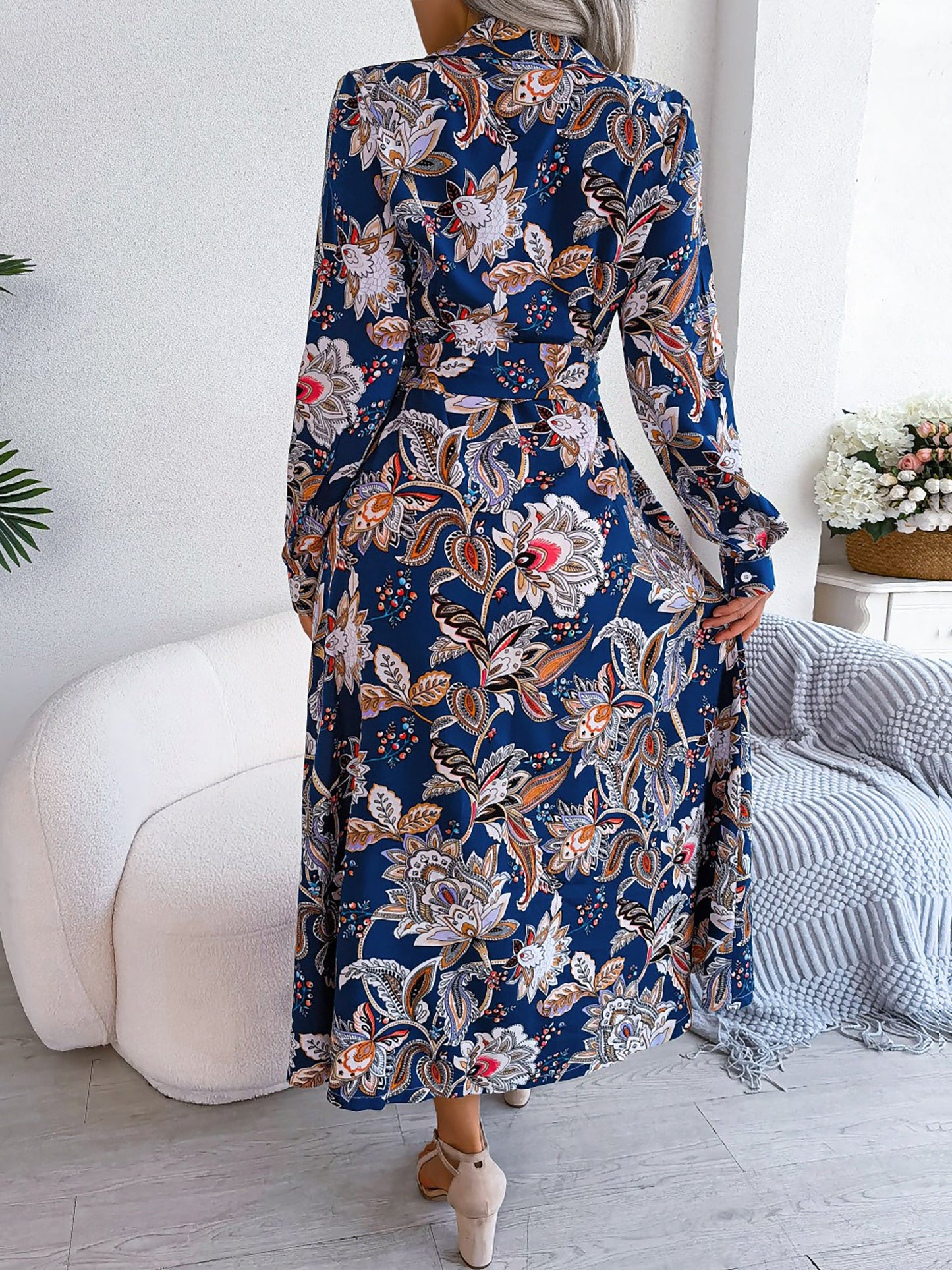 Lapel Boho Paisley Long Sleeves Tie Waist Midi Dress