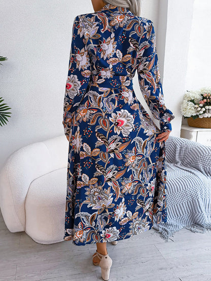 Lapel Boho Paisley Long Sleeves Tie Waist Midi Dress
