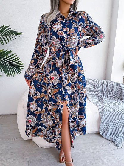 Lapel Boho Paisley Long Sleeves Tie Waist Midi Dress