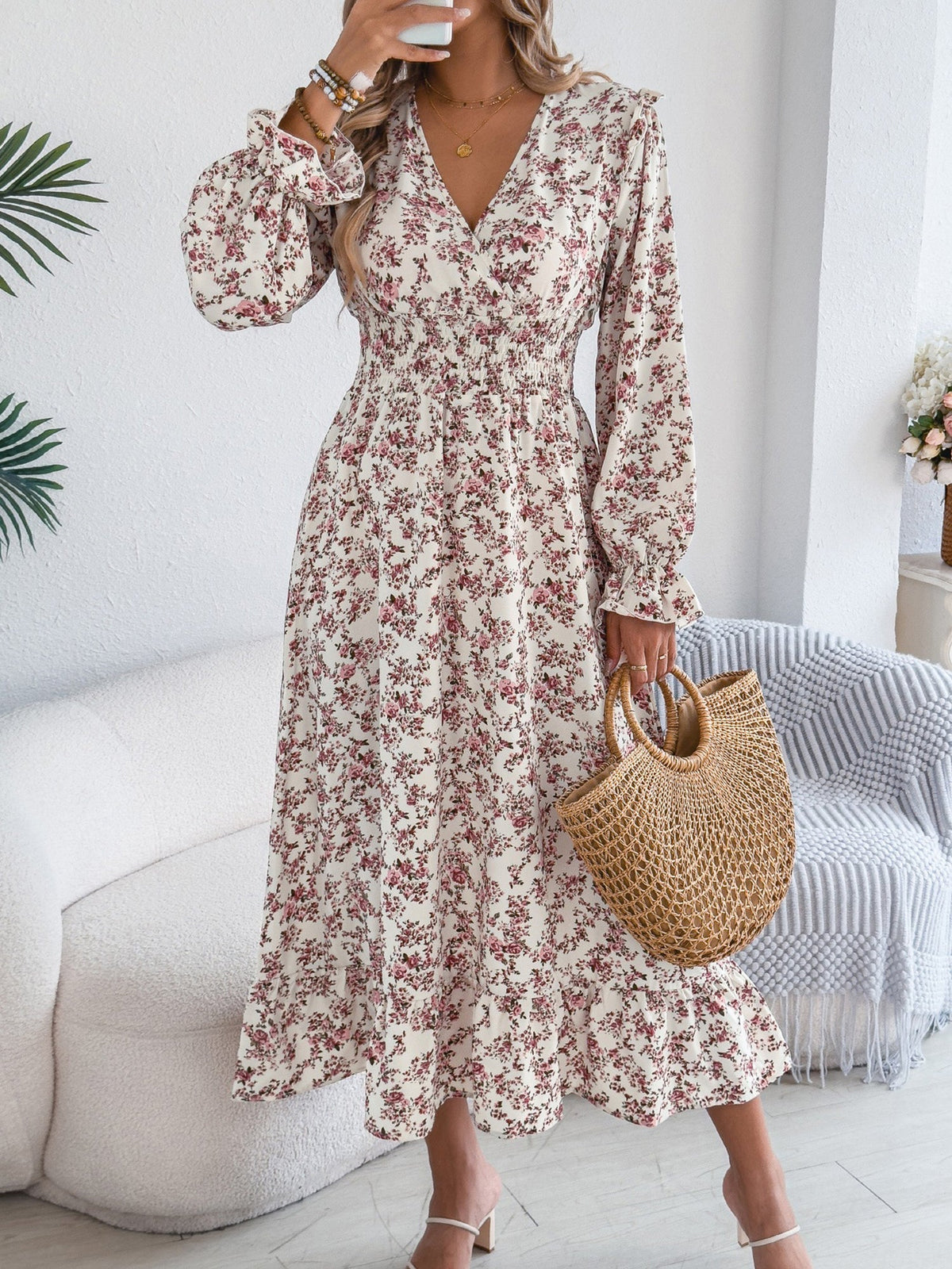 Floral Ruffle Long Sleeves Smocked Waist Midi Dress