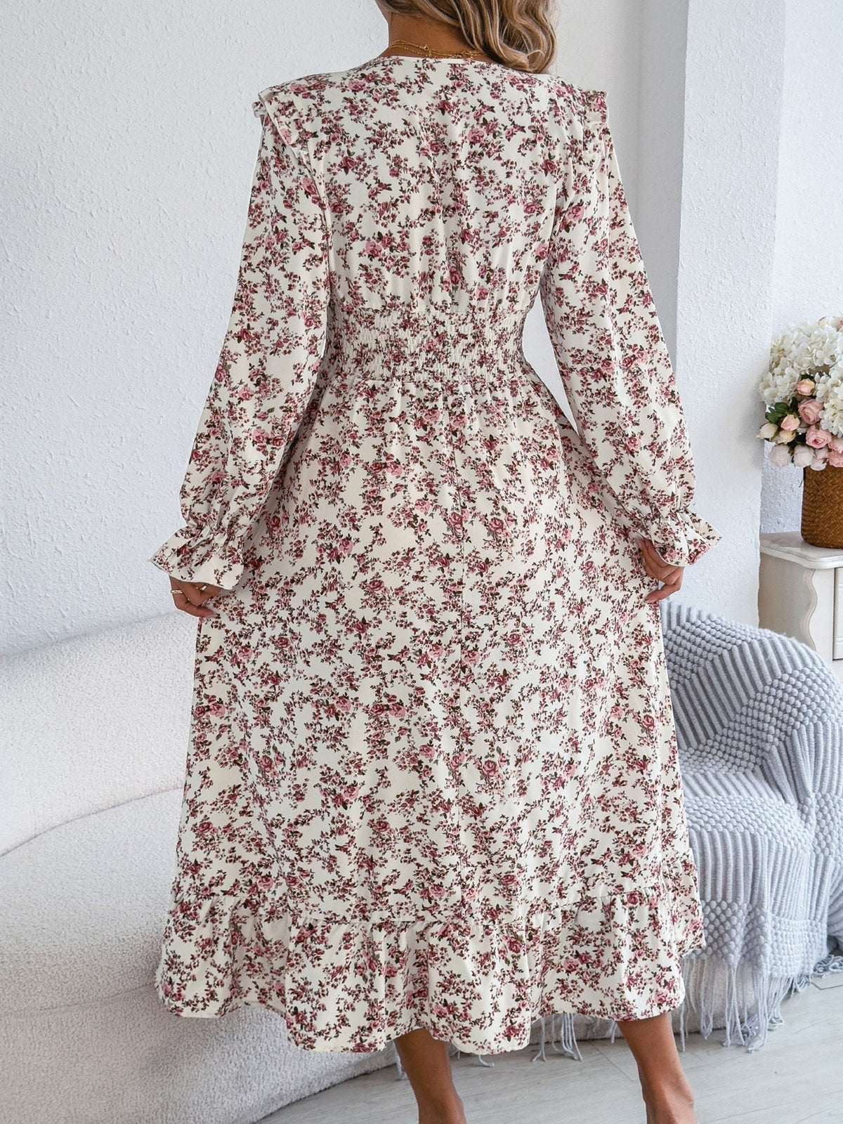 Floral Ruffle Long Sleeves Smocked Waist Midi Dress