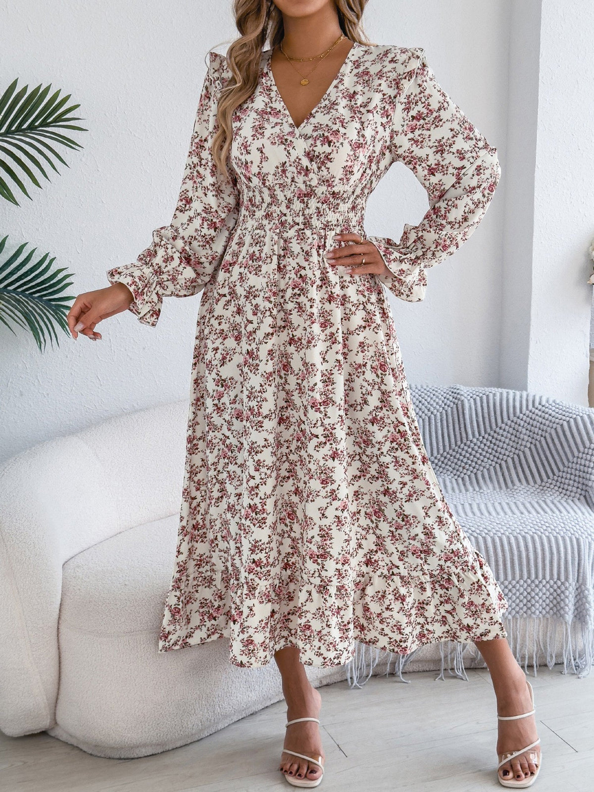 Floral Ruffle Long Sleeves Smocked Waist Midi Dress