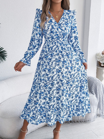 Floral Ruffle Long Sleeves Smocked Waist Midi Dress