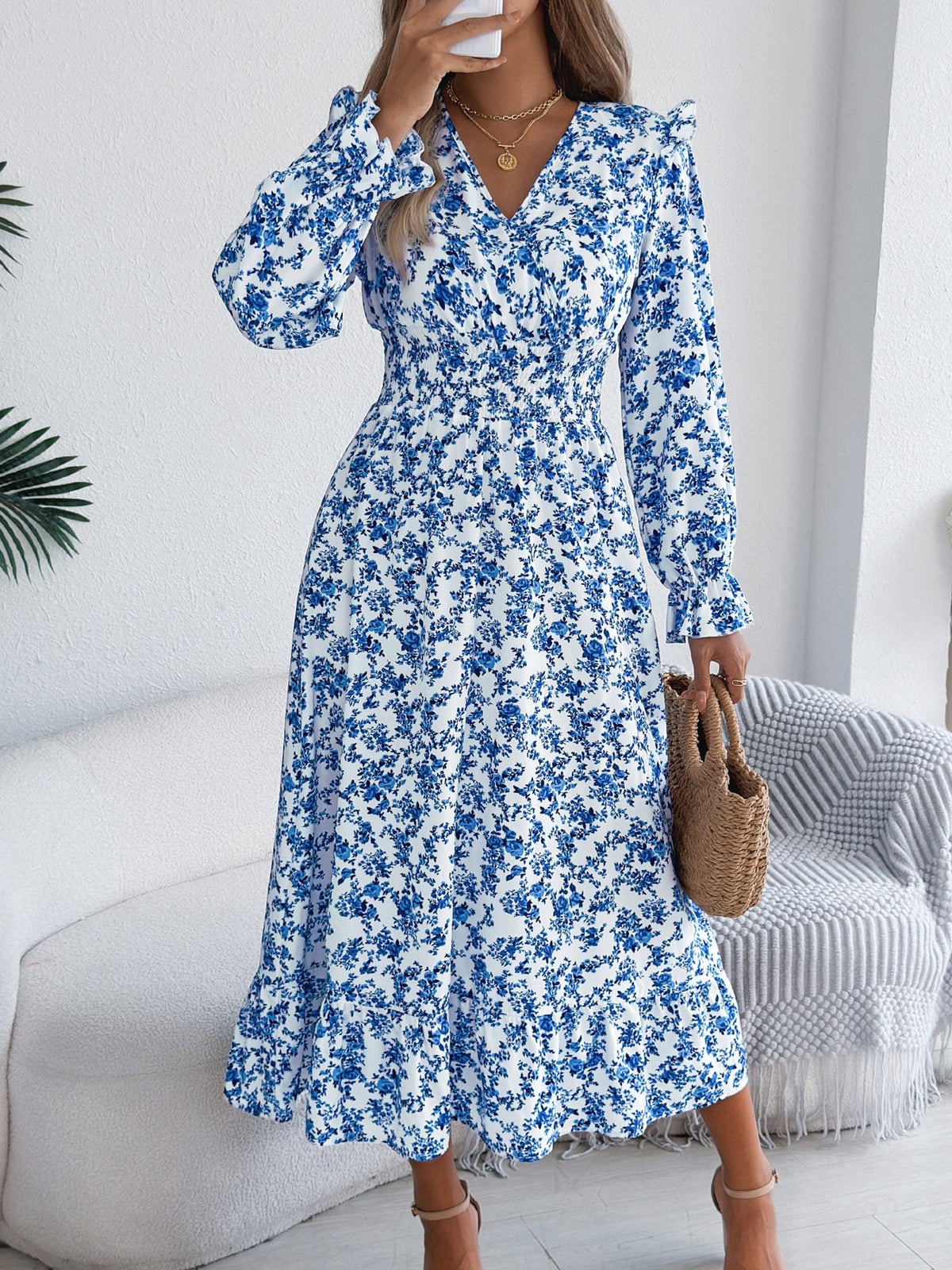 Floral Ruffle Long Sleeves Smocked Waist Midi Dress