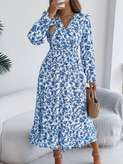 Floral Ruffle Long Sleeves Smocked Waist Midi Dress