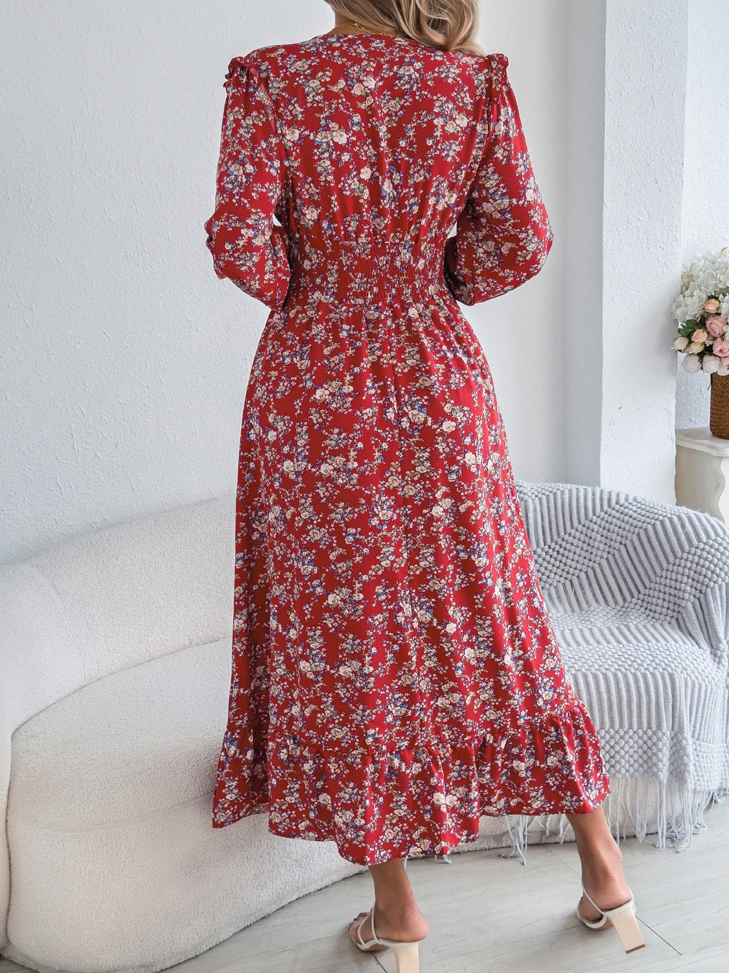 Floral Ruffle Long Sleeves Smocked Waist Midi Dress