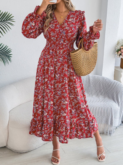 Floral Ruffle Long Sleeves Smocked Waist Midi Dress