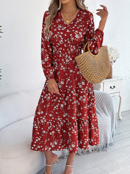 Floral V Neck Long Sleeve Smocked Tiered Midi Dress