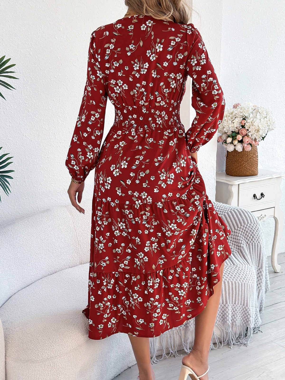 Floral V Neck Long Sleeve Smocked Tiered Midi Dress