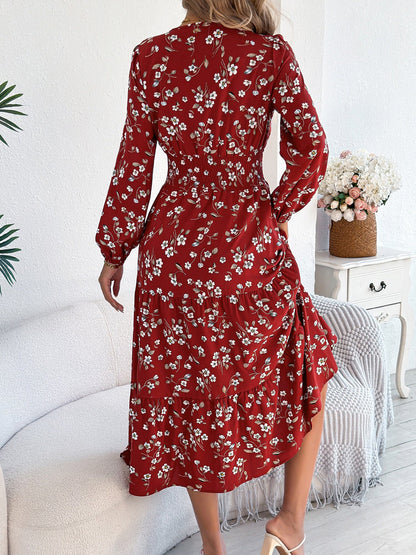Floral V Neck Long Sleeve Smocked Tiered Midi Dress