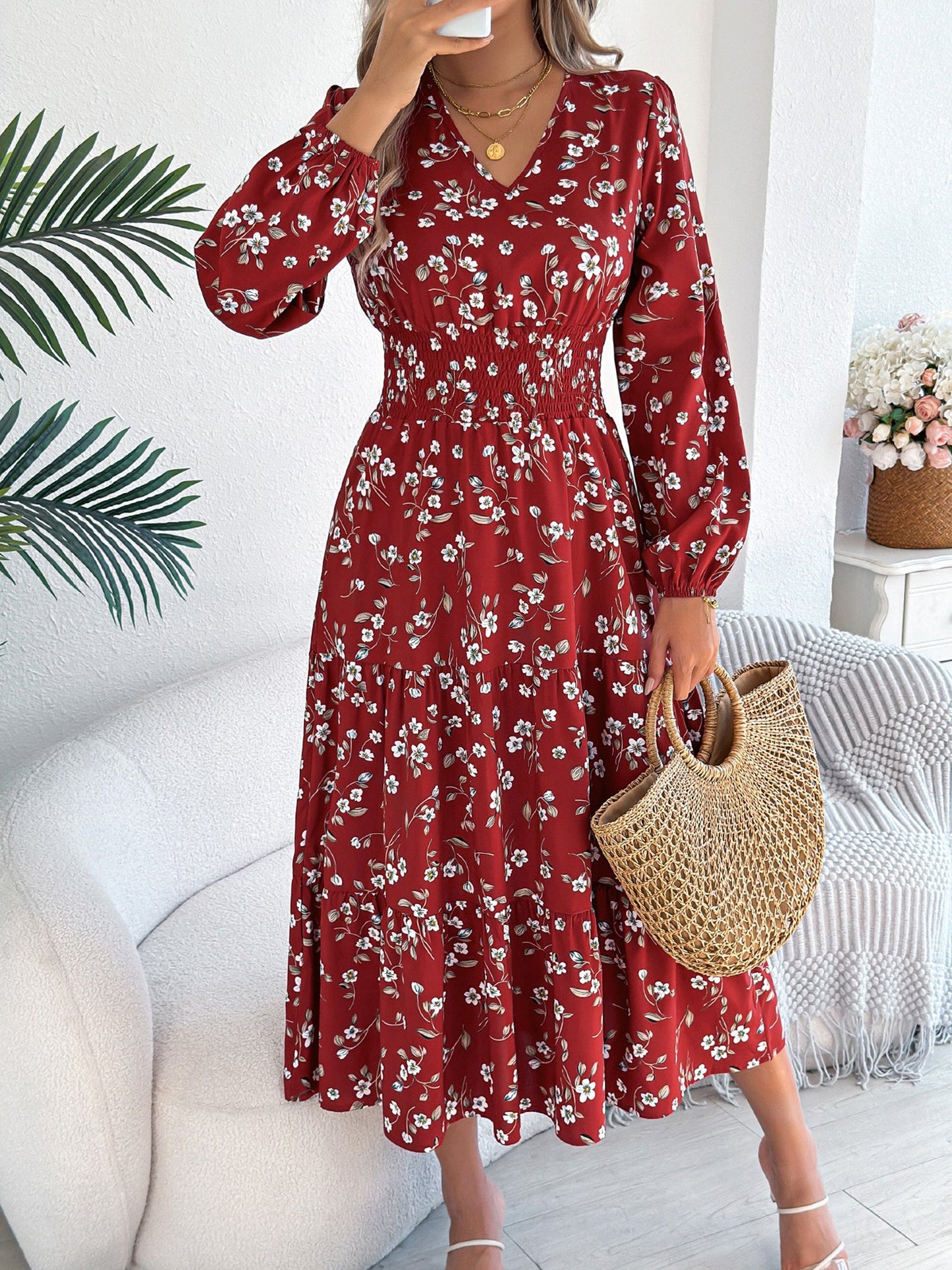 Floral V Neck Long Sleeve Smocked Tiered Midi Dress