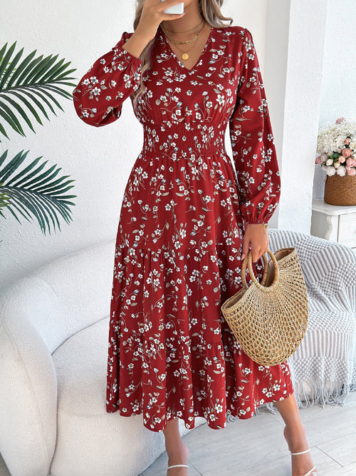 Floral V Neck Long Sleeve Smocked Tiered Midi Dress
