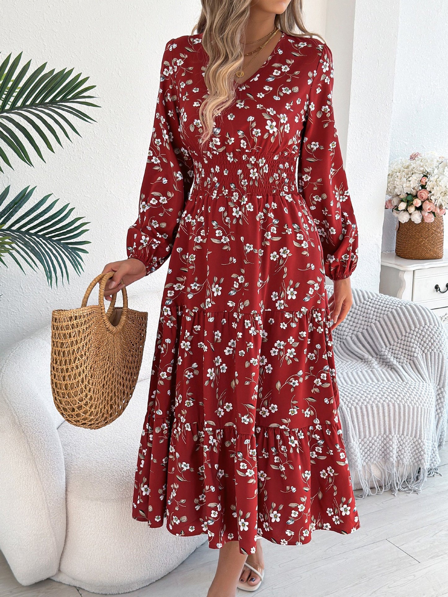 Floral V Neck Long Sleeve Smocked Tiered Midi Dress